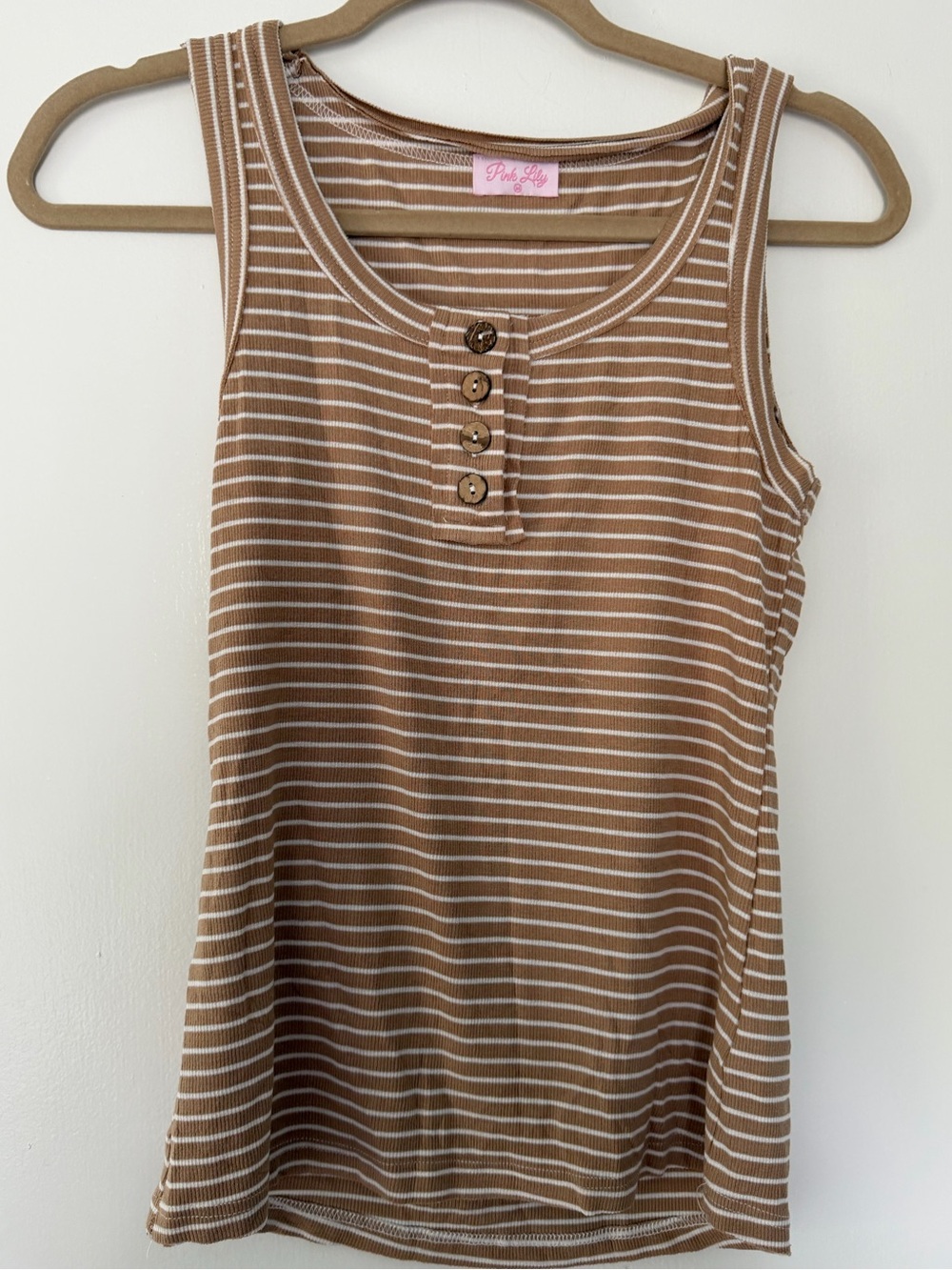 Pink Lily Brown & White Striped Ribbed Button Tank women size M